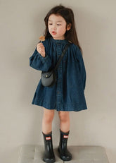 Camisas y abrigos de mezclilla con cuello redondo, botones y patchwork para niñas en azul marino, otoño